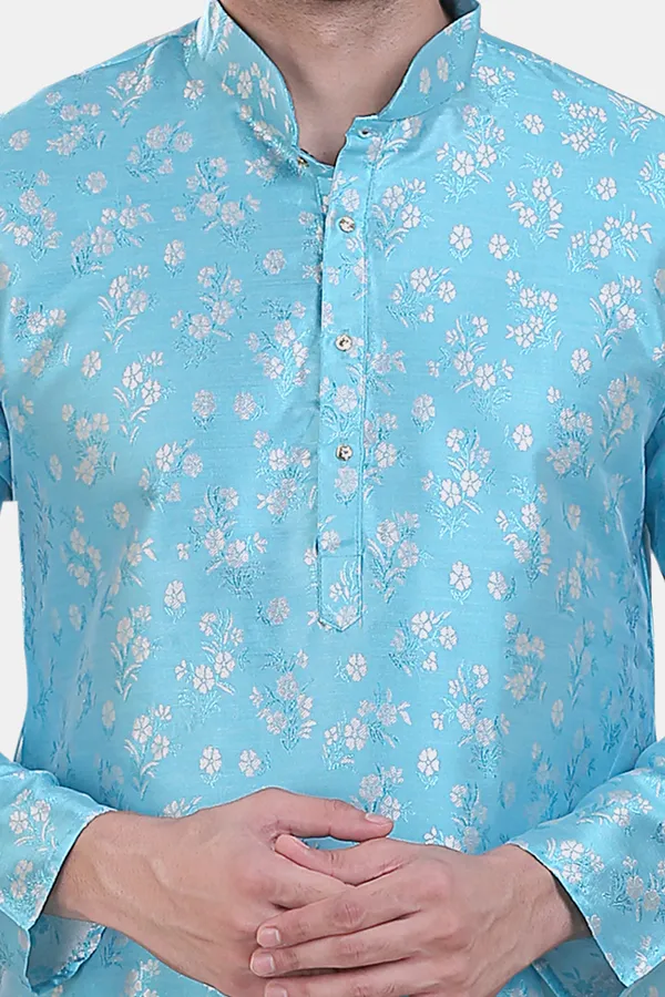 Floral_Print_Sky_Blue_Jacquard_Kurta_With_Paijama