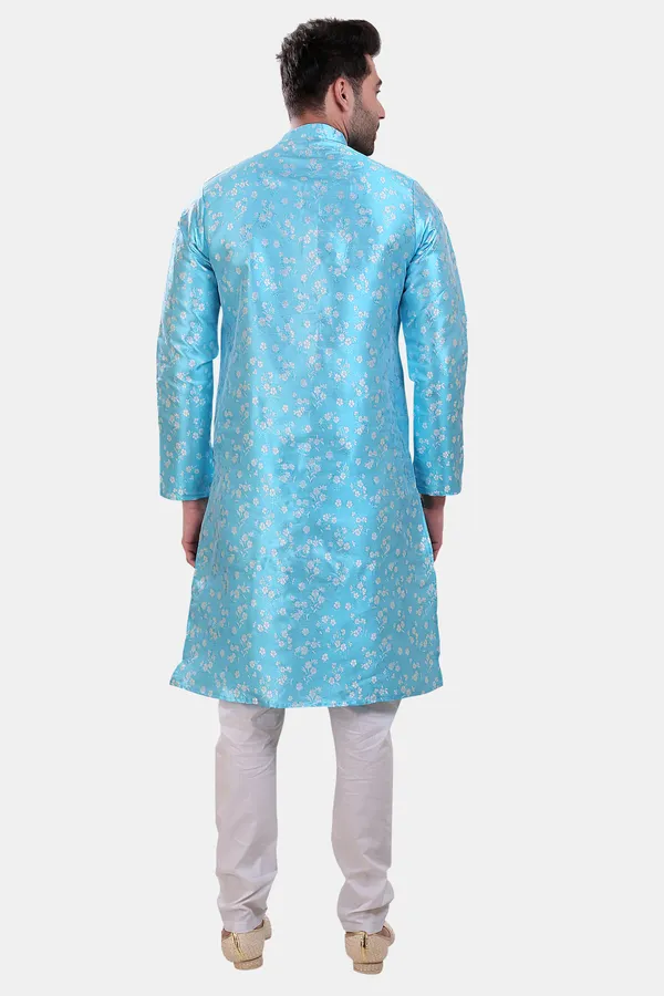 Floral_Print_Sky_Blue_Jacquard_Kurta_With_Paijama