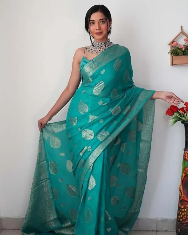 Bottle_Green_Color_1_Minute_Ready_To_Wear_Soft_Banarasi_Silk_Saree_With_Golden_Zari_Work