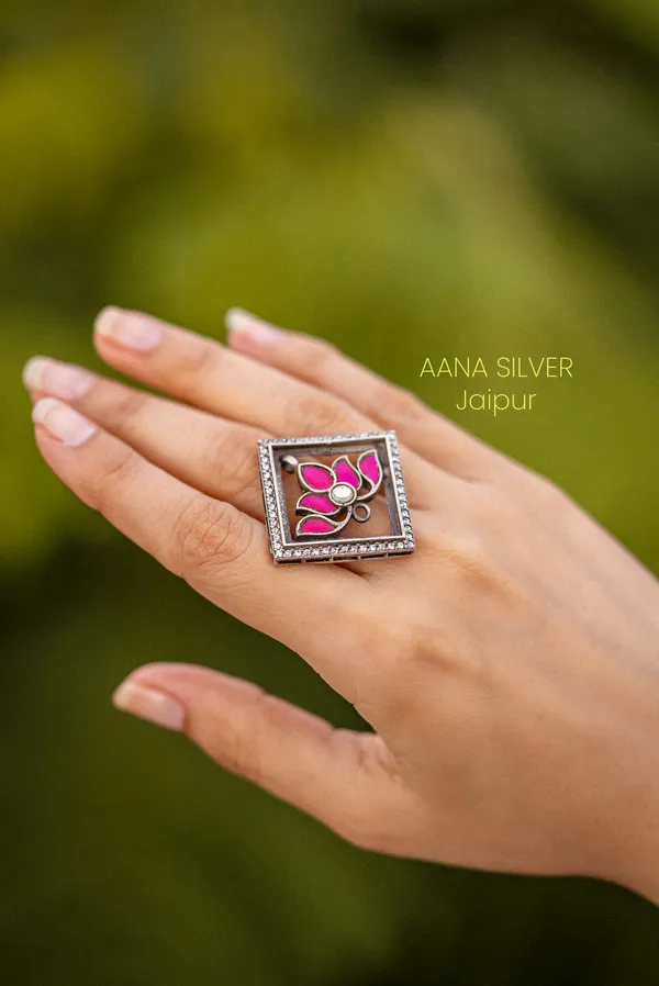 925_Pure_Sterling_Silver_|_Pink_Lotus_Kundan_Jadau_Ring_|_Well_Stamped_&_Hallmarked