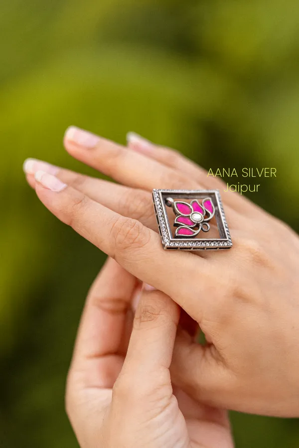 925_Pure_Sterling_Silver_|_Pink_Lotus_Kundan_Jadau_Ring_|_Well_Stamped_&_Hallmarked