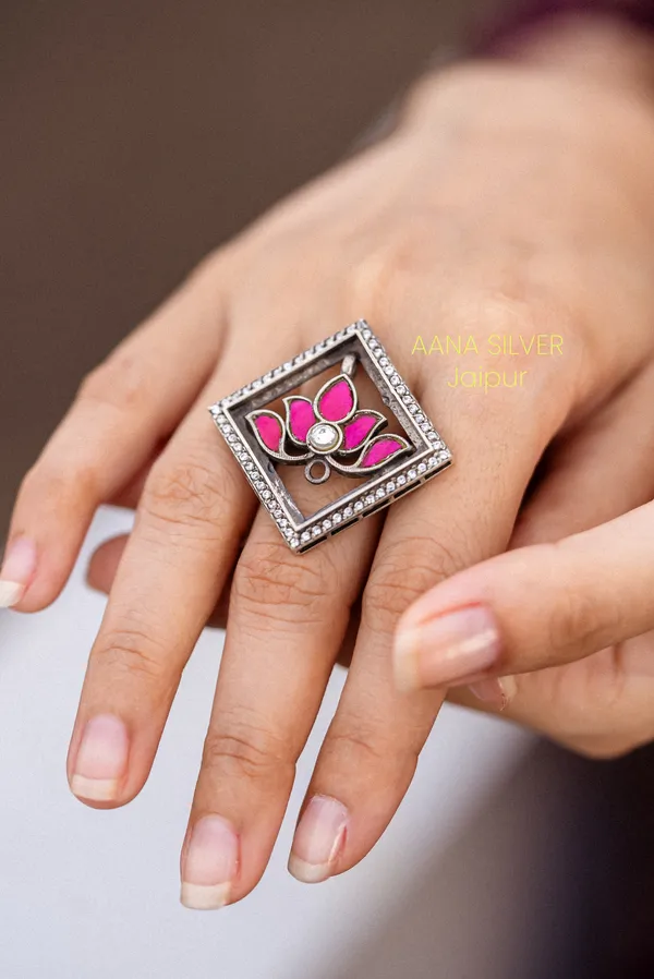 925_Pure_Sterling_Silver_|_Pink_Lotus_Kundan_Jadau_Ring_|_Well_Stamped_&_Hallmarked