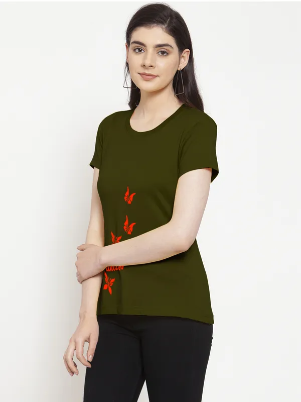 Olive_Green_Cotton_Princess_Print_Round_Neck_T-Shirt_For_Women