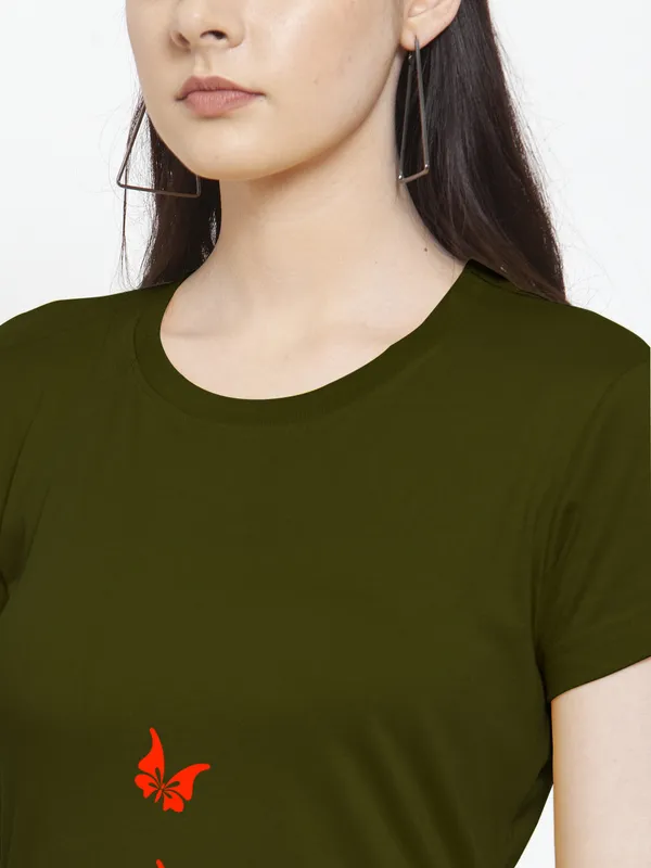 Olive_Green_Cotton_Princess_Print_Round_Neck_T-Shirt_For_Women