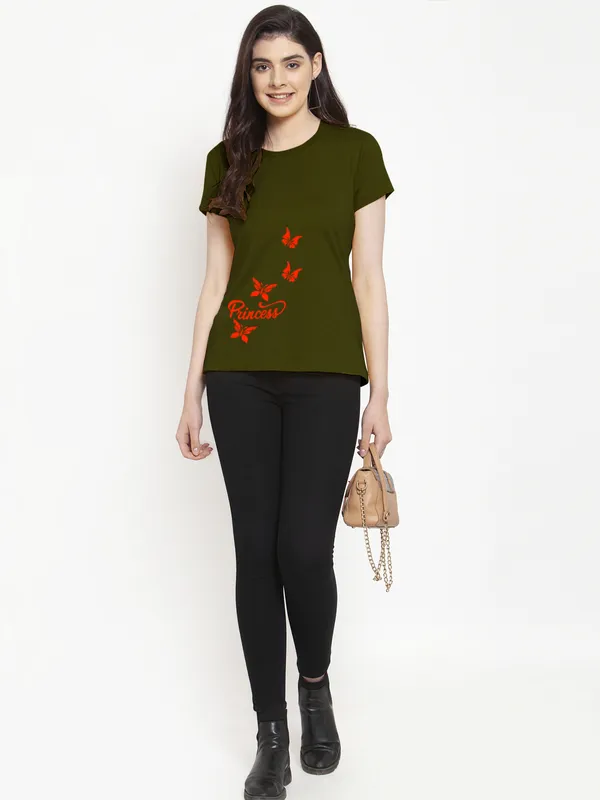 Olive_Green_Cotton_Princess_Print_Round_Neck_T-Shirt_For_Women