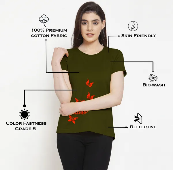 Olive_Green_Cotton_Princess_Print_Round_Neck_T-Shirt_For_Women