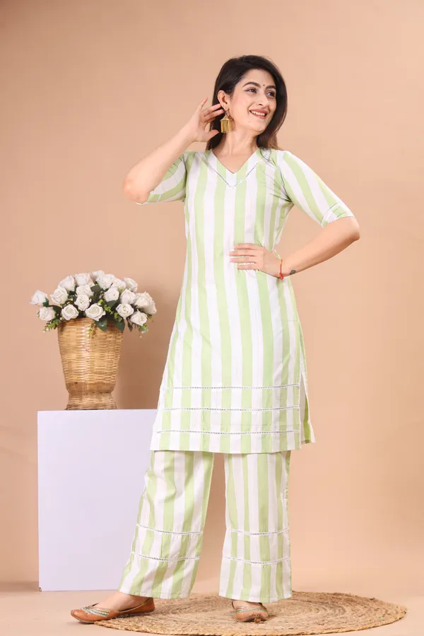 White_And_Green_Khadi_Ethnic_Kurta_And_Pant_Set_|_Push_Premium_For_Women