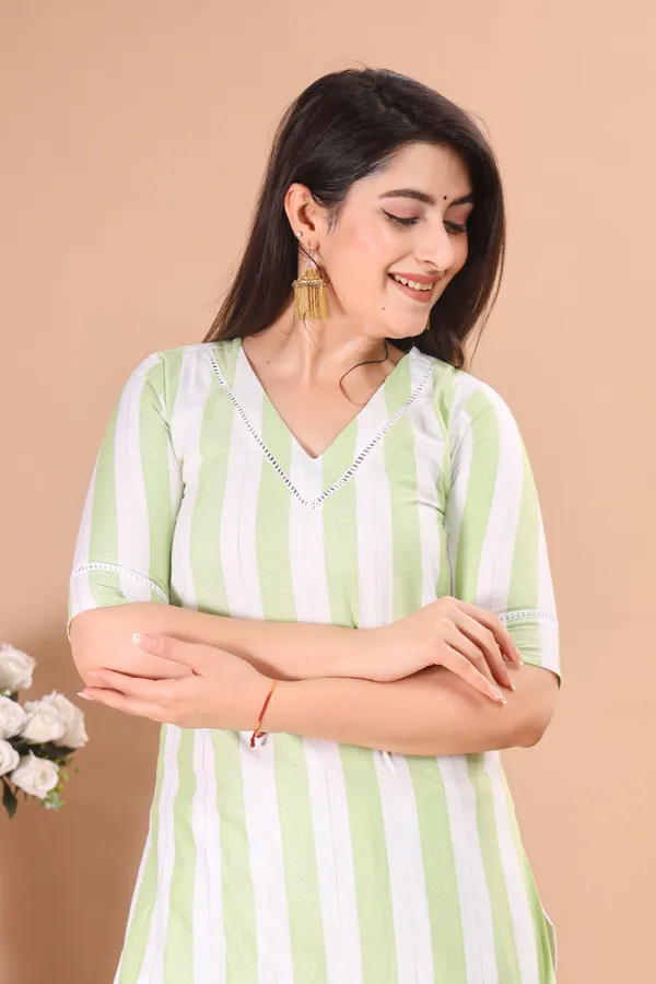 White_And_Green_Khadi_Ethnic_Kurta_And_Pant_Set_|_Push_Premium_For_Women