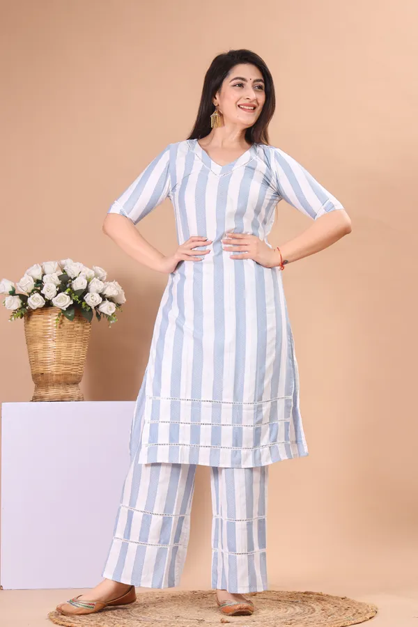 White_&_Light_Blue_Khadi_Cotton_Ethnic_Kurta_And_Pant_Set_For_Women