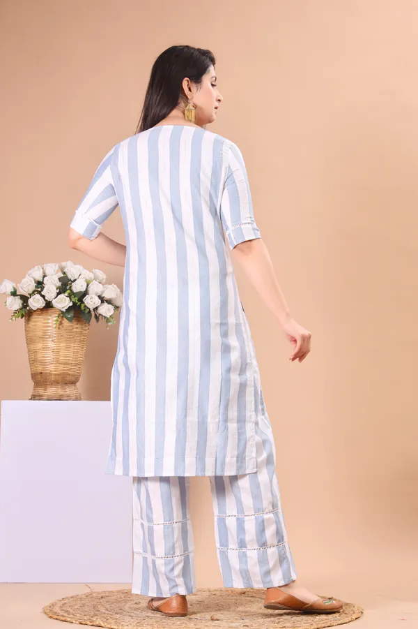 White_&_Light_Blue_Khadi_Cotton_Ethnic_Kurta_And_Pant_Set_For_Women