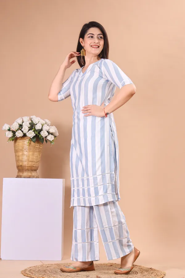 White_&_Light_Blue_Khadi_Cotton_Ethnic_Kurta_And_Pant_Set_For_Women