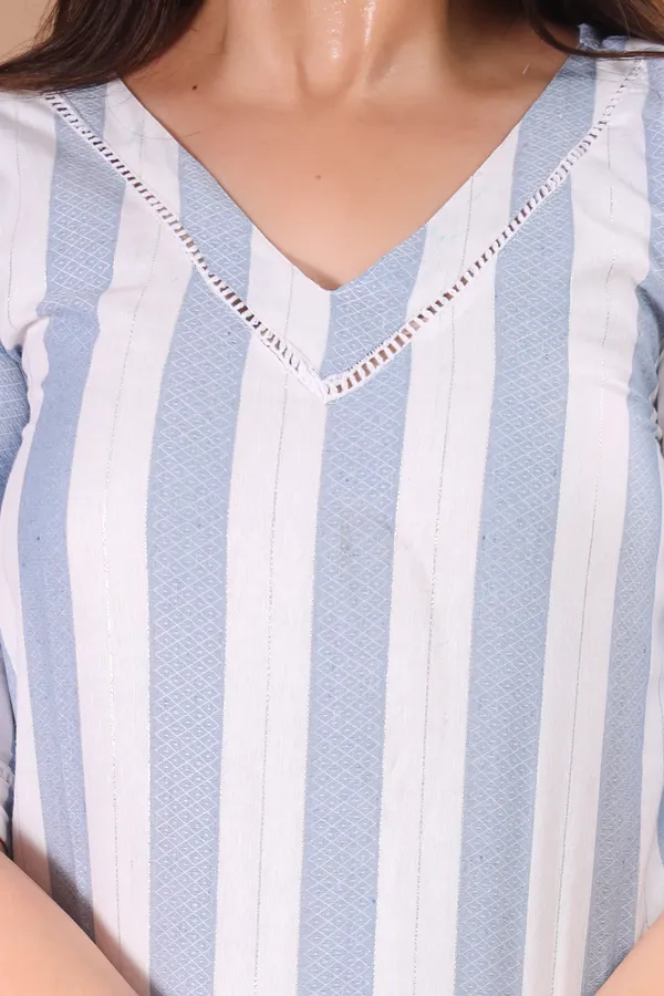 White_&_Light_Blue_Khadi_Cotton_Ethnic_Kurta_And_Pant_Set_For_Women
