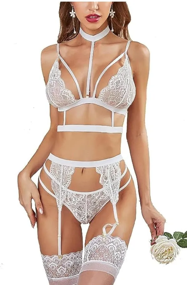 White_Lingerie_Set_Lace_Teddy_Strap_Baby_doll_Bodysuit_With_Garter_Belts