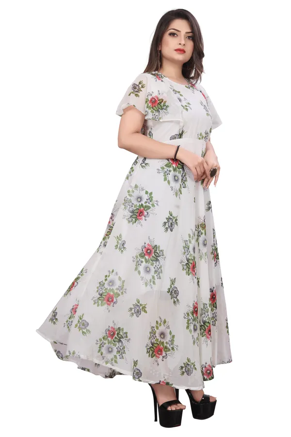White_Regular_Flared_Sleeves_Georgette_Short_Sleeve_Stitched_Long_Gown_For_Women