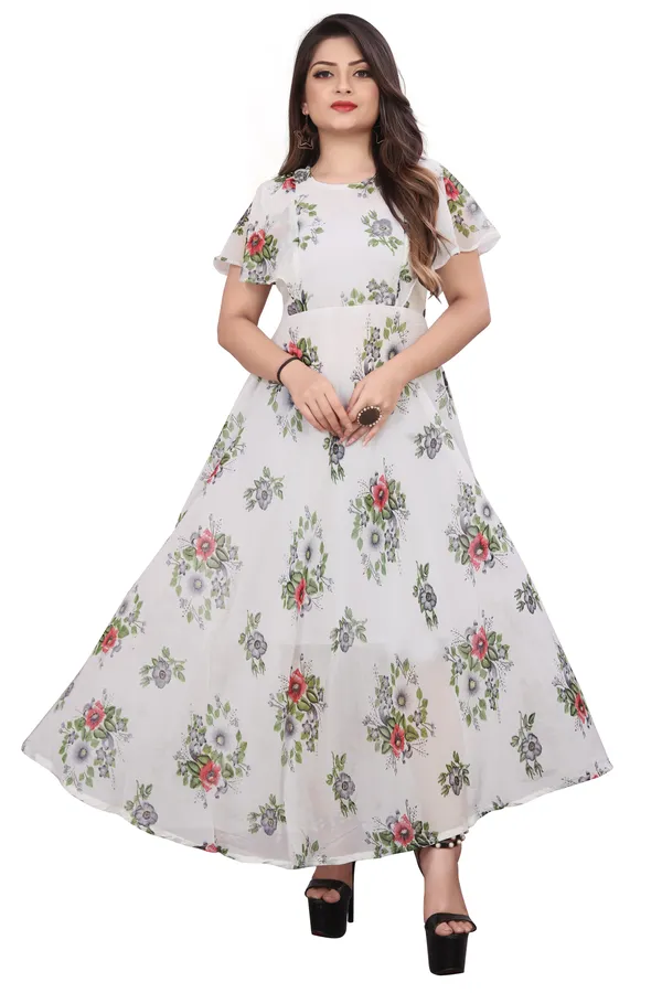 White_Regular_Flared_Sleeves_Georgette_Short_Sleeve_Stitched_Long_Gown_For_Women