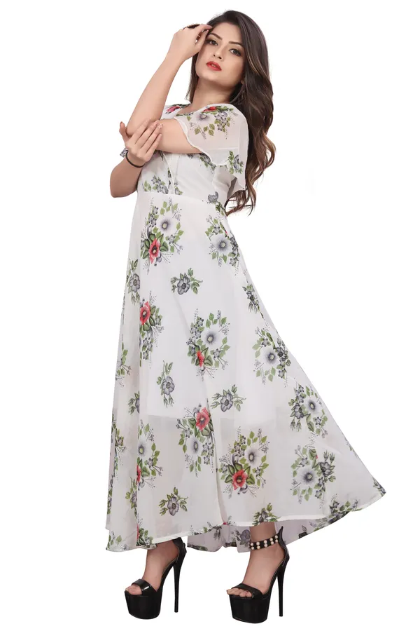 White_Regular_Flared_Sleeves_Georgette_Short_Sleeve_Stitched_Long_Gown_For_Women