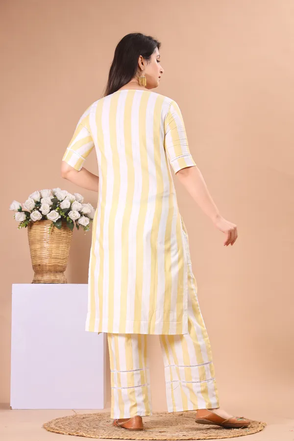 White_&_Yellow_Khadi_Cotton_Ethnic_Kurta_And_Pant_Set_For_Women