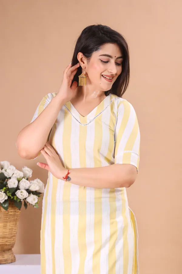 White_&_Yellow_Khadi_Cotton_Ethnic_Kurta_And_Pant_Set_For_Women