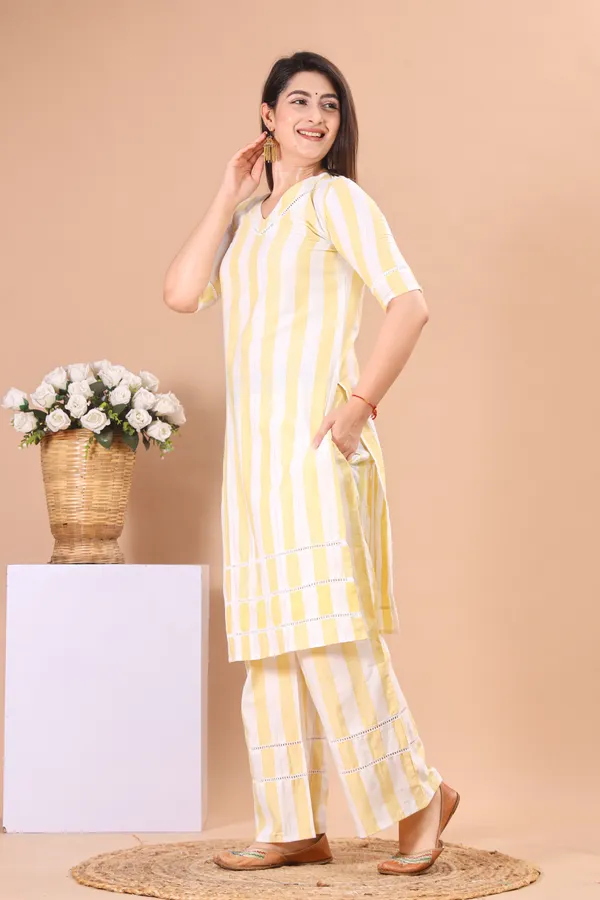 White_&_Yellow_Khadi_Cotton_Ethnic_Kurta_And_Pant_Set_For_Women