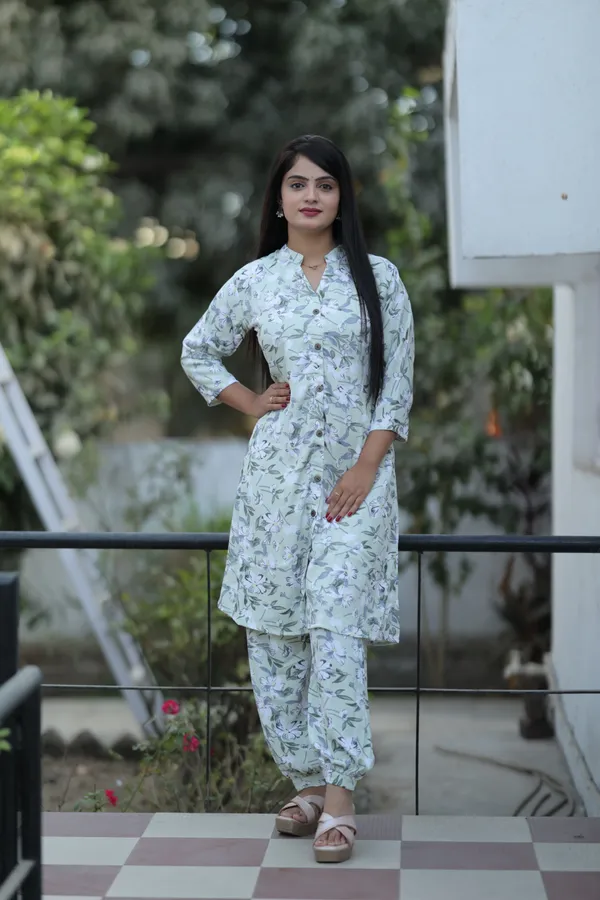White_and_Light_Green_Regular_Polyester_3/4_Sleeve_Stitched__Kurta_Set_For_Women