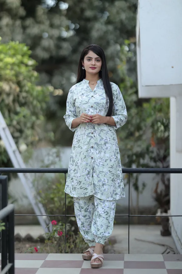 White_and_Light_Green_Regular_Polyester_3/4_Sleeve_Stitched__Kurta_Set_For_Women