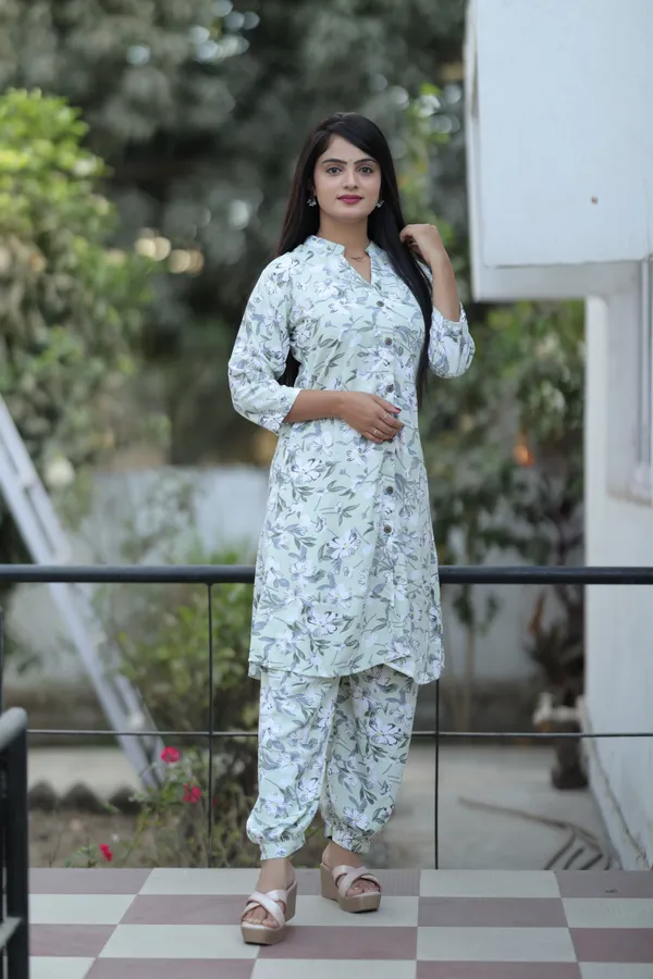 White_and_Light_Green_Regular_Polyester_3/4_Sleeve_Stitched__Kurta_Set_For_Women