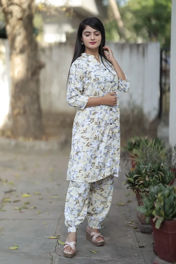 White_and_Yellow_Regular_Polyester_3/4_Sleeve_Stitched__Kurta_Set_For_Women
