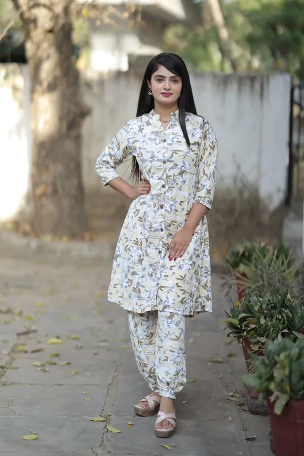 White_and_Yellow_Regular_Polyester_3/4_Sleeve_Stitched__Kurta_Set_For_Women