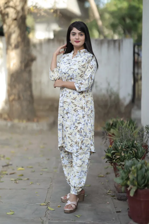 White_and_Yellow_Regular_Polyester_3/4_Sleeve_Stitched__Kurta_Set_For_Women