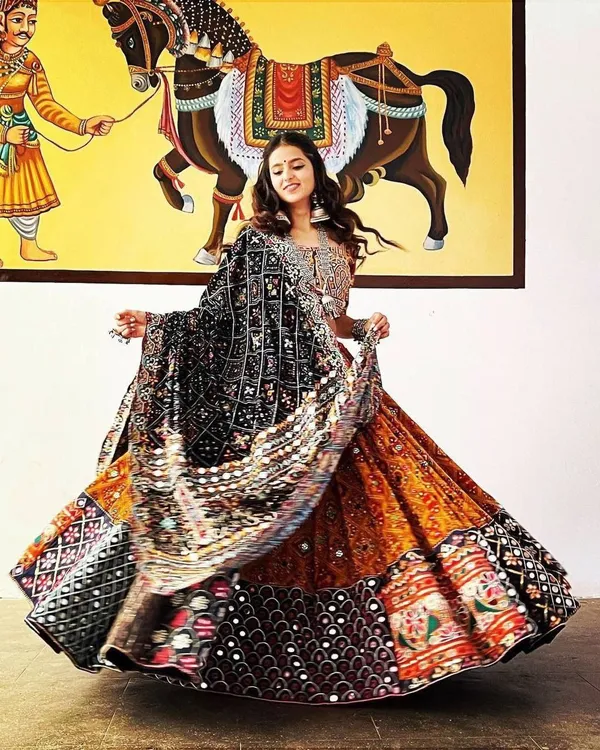 Musterd_Multi_Lehenga_Choli_With_Mirror_Work_And_Attached_Red_Dupatta