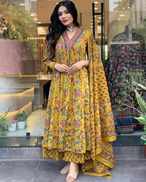 Mustard_Yellow_Women_Beautiful_Cotton_Flower_Printed_Neckline_Worked_Kurta_And_Pant_With_Cotton_Mulmul_Dupatta