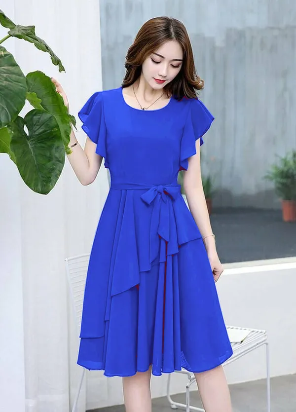 Blue_Solid_Knee_Length,_Fit_And_Flare_&_A-line