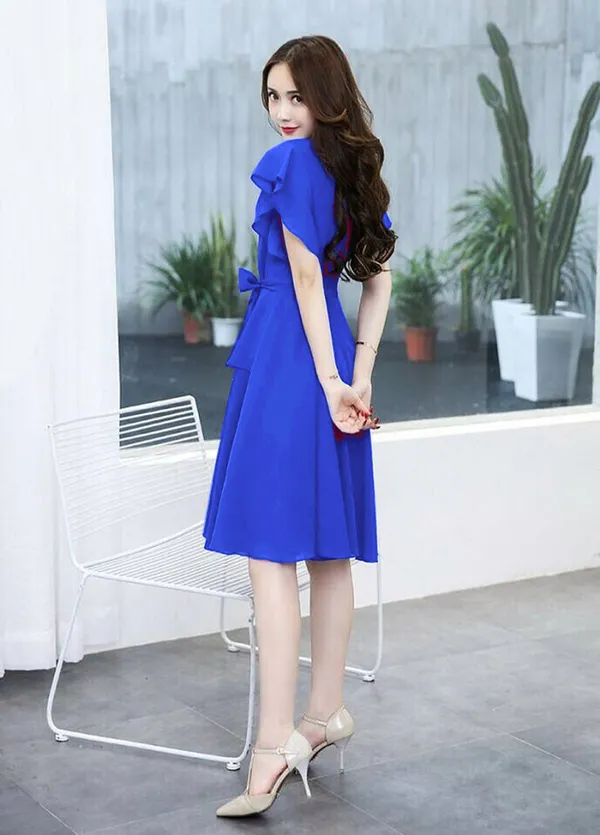 Blue_Solid_Knee_Length,_Fit_And_Flare_&_A-line