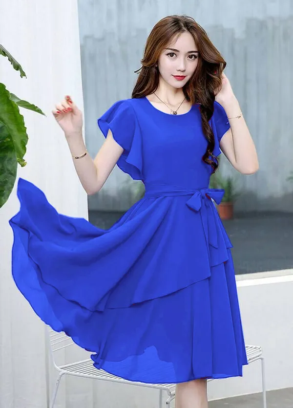 Blue_Solid_Knee_Length,_Fit_And_Flare_&_A-line