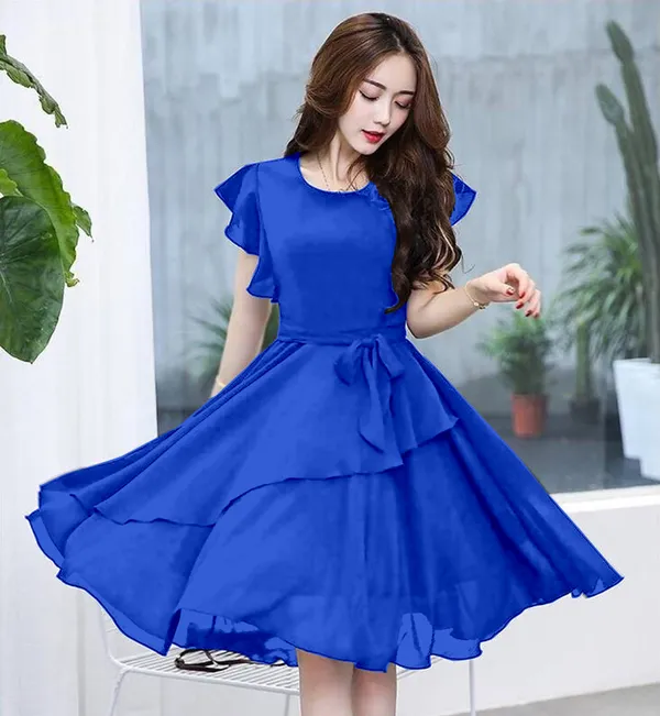 Blue_Solid_Knee_Length,_Fit_And_Flare_&_A-line