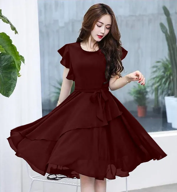 Brown_Solid_Knee_Length,_Fit_And_Flare_&_A-line