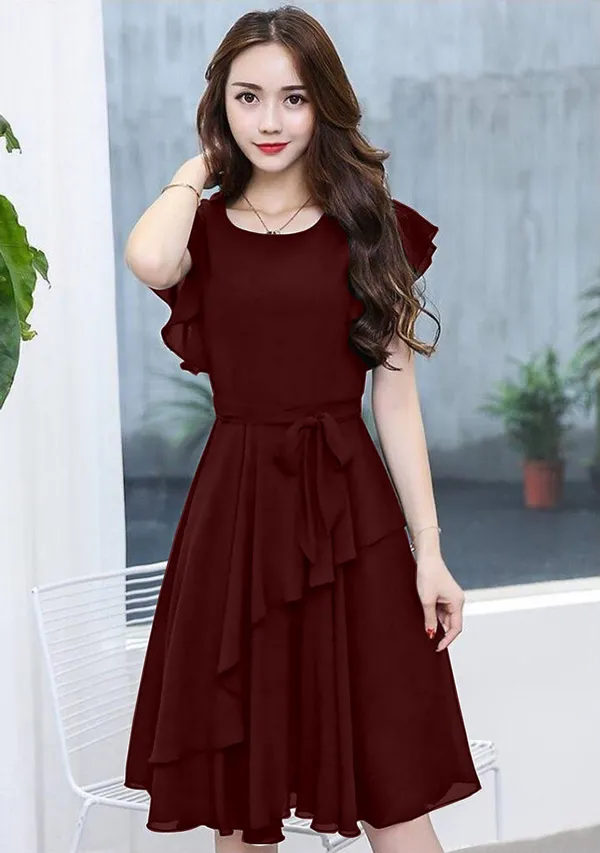 Brown_Solid_Knee_Length,_Fit_And_Flare_&_A-line