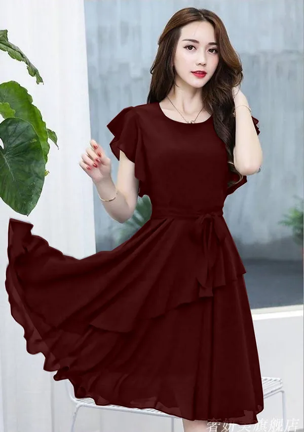 Brown_Solid_Knee_Length,_Fit_And_Flare_&_A-line
