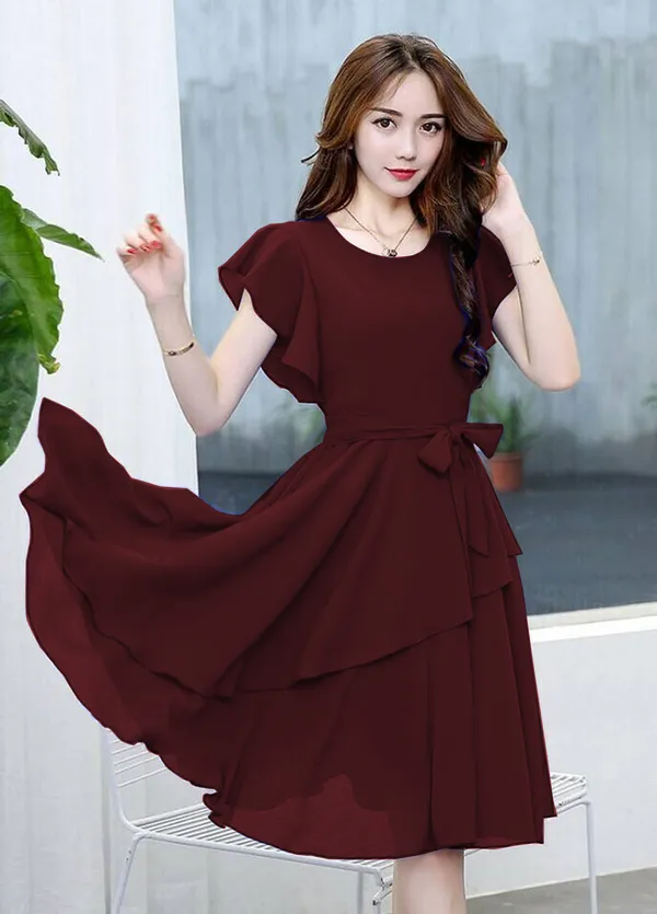Brown_Solid_Knee_Length,_Fit_And_Flare_&_A-line