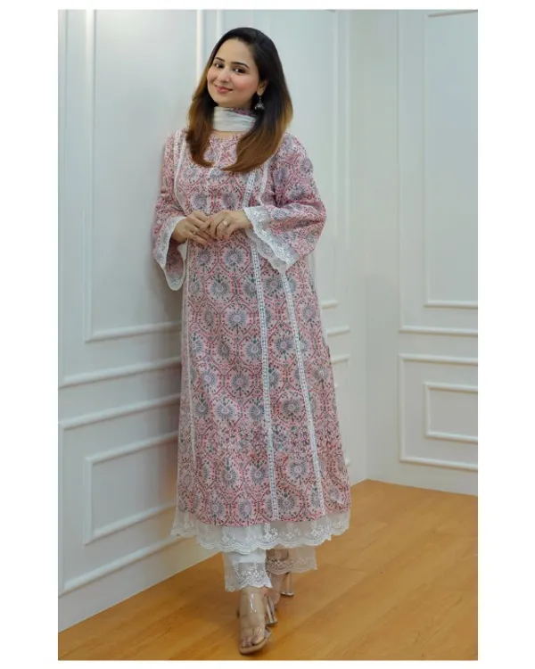 Multicolor_Cotton_Regular_Fit_Solid_Kurta_Pant_And_Dupatta_Set_For_Women