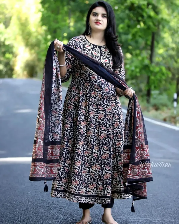 Black_Rayon_Floral_Print_Anarkali_Kurta_With_Pant_&_Dupatta_Set_For_Women