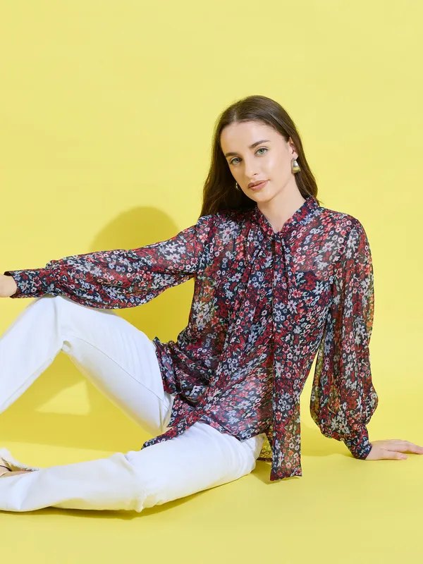 Women_Floral_Printed__Long_Sleeve_Tie-Up_Neck_Chiffon_Casual_Semi-Sheer_Shirt