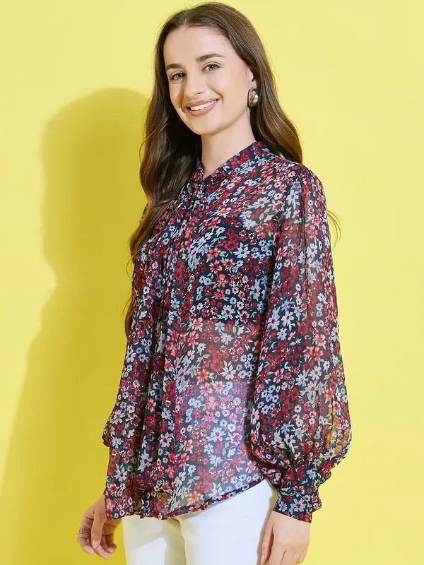 Women_Floral_Printed__Long_Sleeve_Tie-Up_Neck_Chiffon_Casual_Semi-Sheer_Shirt