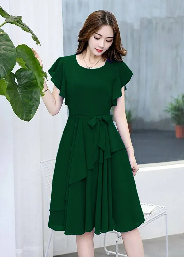 Green_Solid_Knee_Length,_Fit_And_Flare_&_A-line