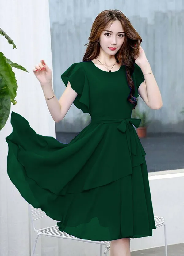 Green_Solid_Knee_Length,_Fit_And_Flare_&_A-line