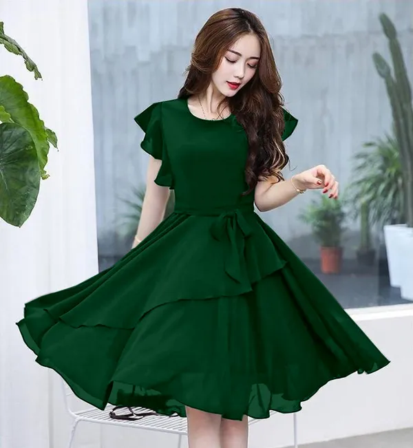 Green_Solid_Knee_Length,_Fit_And_Flare_&_A-line