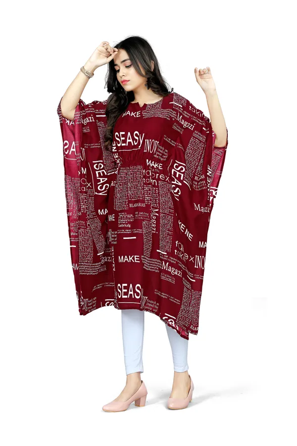Maroon_&_White_Text_Paper_Print_Kaftan_Dress