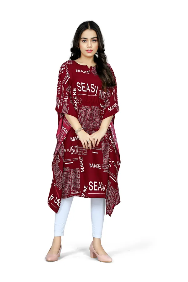 Maroon_&_White_Text_Paper_Print_Kaftan_Dress