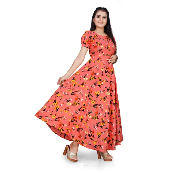 Peach_&_Black_Floral_Print_Puffed_Sleeve_Maxi_Dress