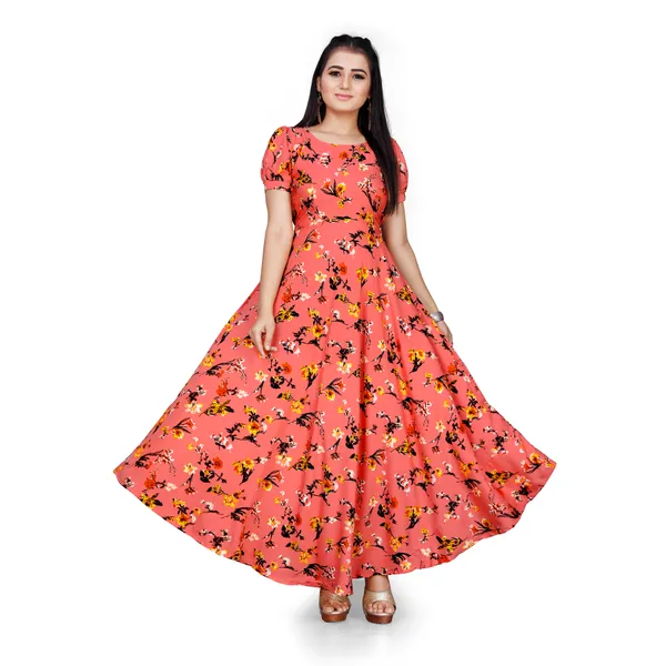 Peach_&_Black_Floral_Print_Puffed_Sleeve_Maxi_Dress